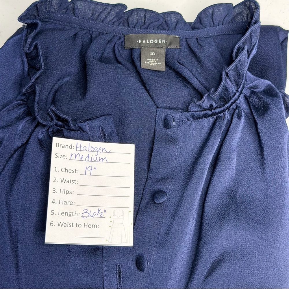 Halogen Ruffle Trim Button Down Satin Dress Classic Navy Blue Size Medium - Picture 11 of 13